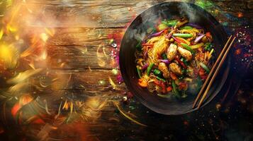 Delicious Chicken Vegetable Stir Fry Noodles in Wok Asian Cuisine Food Photography photo
