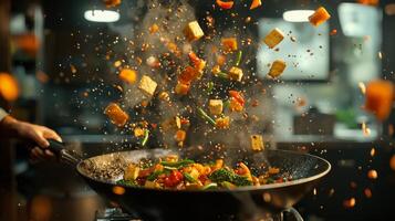 Delicious Stir Fry Tofu Vegetables Wok Cooking Action Shot photo