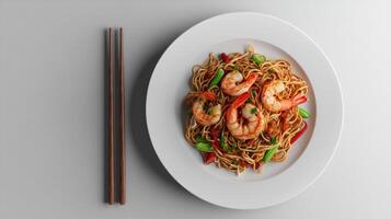 Delicious Shrimp Chow Mein Noodles Asian Cuisine Food Dish photo