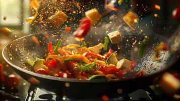 Delicious Stir Fry Tofu Vegetables Wok Cooking Food Photography photo