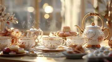 Elegant Afternoon Tea Setting Porcelain Teacups Kettle Sweets photo