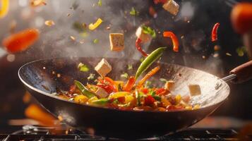 Delicious Stir Fry Wok Cooking Tofu Vegetables Food Photography photo