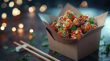 Delicious Sesame Chicken Takeout Box Garnish Chopsticks photo