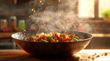 Sizzling Kung Pao Chicken Stir Fry in Wok Asian Cuisine Food Photography photo