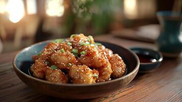 Delicious Sesame Chicken Dish in Rustic Chinese Restaurant Setting photo