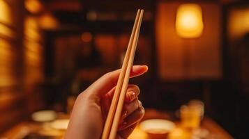 Authentic Asian Dining Close up of Hand Holding Chopsticks photo