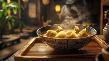 Steaming Wonton Soup in Authentic Asian Bowl photo