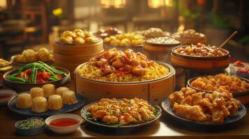 Delicious Chinese Buffet Dim Sum Fried Rice Sweet Sour Chicken photo