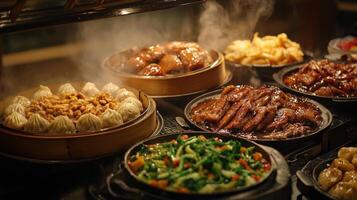 Delicious Chinese Buffet Steaming Dumplings Crispy Duck Stir fry photo