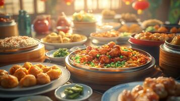 Delicious Chinese Buffet Dim Sum Sweet Sour Chicken Fried Rice photo