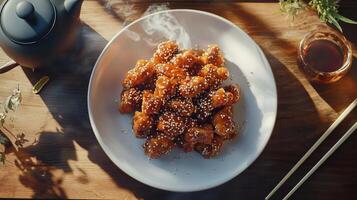 Delicious Sesame Chicken Dish Top View 8k High Resolution Food Photography photo