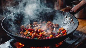 Kung Pao Chicken Stir Fry in Wok Asian Cuisine Cooking Food Photography photo