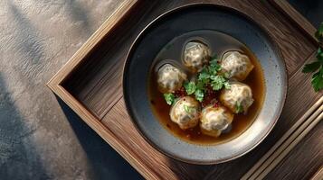 Delicious Wonton Soup Asian Cuisine Dumplings in Broth Overhead Shot photo
