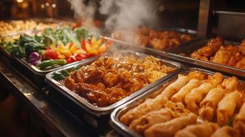 Delicious Chinese Buffet Steaming Food Spring Rolls Chow Mein photo