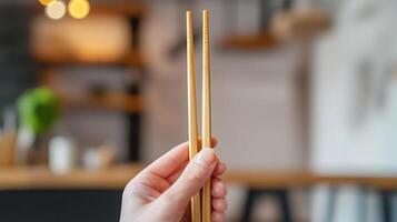 Authentic Wooden Chopsticks Asian Cuisine Handheld Close up photo