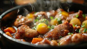 Delicious Hot Pot Chicken Steaming Broth Tender Chicken Colorful Vegetables photo