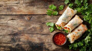 Delicious Spring Rolls Fresh Vegetables Chili Sauce Cilantro Wooden Background Asian Cuisine Food photo
