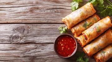 Delicious Spring Rolls Fresh Vegetables Chili Sauce Wooden Table photo