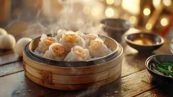 Steaming Dim Sum Shrimp Dumplings Bao Buns Asian Cuisine Food Photography photo