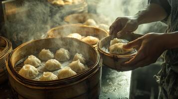 Steaming Hot Dim Sum Dumplings in Bamboo Baskets Authentic Chinese Cuisine Food Photography photo