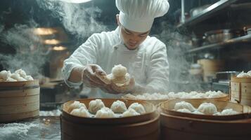 Steaming Dim Sum Authentic Chinese Cuisine Chef Preparation photo
