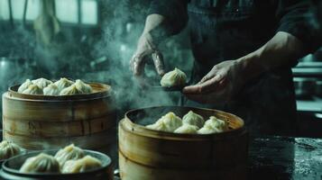 Authentic Chinese Dim Sum Preparation Steaming Dumplings in Bamboo Baskets photo