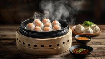 Steaming Dim Sum Delicious Shrimp Dumplings Bao Buns photo