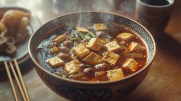 Steaming Hot Sour Tofu Soup Asian Cuisine Food Photography photo