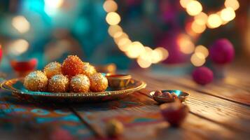 Diwali Festive Sweets Golden Laddus Gulab Jamuns Barfi on Wooden Table photo