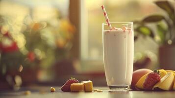 Delicious Mango Strawberry Lassi Smoothie Drink with Ice Cubes photo