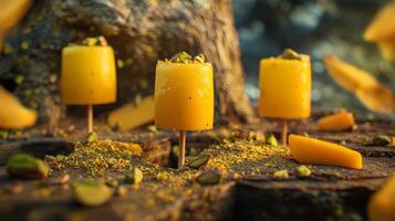 Delicious Mango Kulfi Popsicles on Wooden Sticks Pistachios Saffron photo