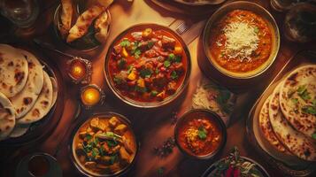 Delicious Indian Dinner Curries Naan Roti Overhead View photo