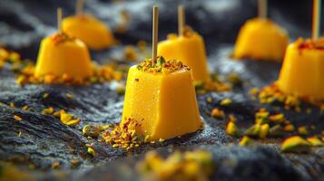 Delicious Mango Kulfi Ice Cream Popsicles on Dark Background photo