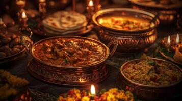 Delicious Indian Wedding Feast Butter Chicken Dal Makhani Chapati photo
