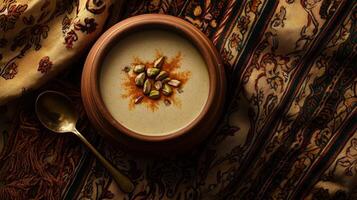 Creamy Yogurt Lassi in Clay Pot Pistachios Saffron Indian Fabric photo
