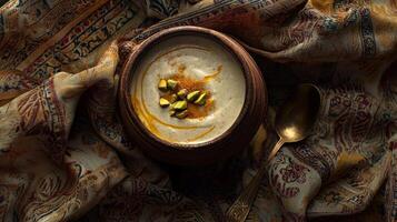 Creamy Yogurt Lassi in Clay Pot Saffron Pistachios Indian Fabric photo