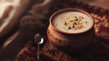 Creamy Yogurt Lassi in Clay Pot Saffron Pistachios Indian Food photo
