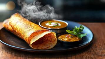 Crispy Dosa with Sambar Chutney South Indian Cuisine Food Photography photo