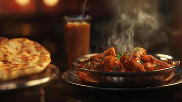 Delicious Butter Chicken Curry with Naan Bread and Lassi photo