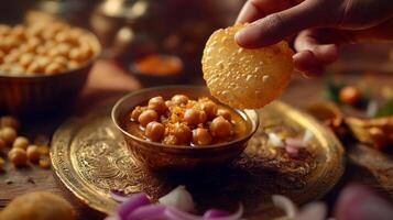 Delicious Indian Pani Puri Chickpea Curry Crispy Bread Spices photo