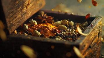 Aromatic Indian Spices in Wooden Box Turmeric Cumin Cardamom Coriander photo