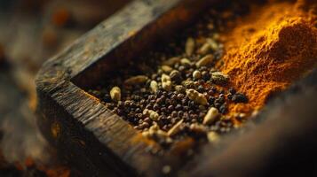 Aromatic Indian Spices in Rustic Wooden Box Turmeric Cumin Cardamom Coriander photo