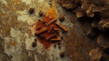 Aromatic Indian Spices Cinnamon Cloves Star Anise on Marble photo