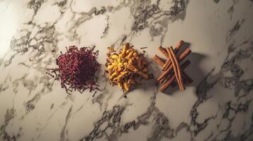 Aromatic Indian Spices Saffron Turmeric Cinnamon on Marble photo