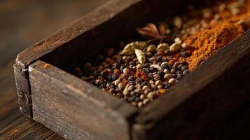 Aromatic Indian Spices in Rustic Wooden Box Close up photo