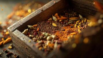 Aromatic Indian Spices in Wooden Box Turmeric Cumin Cardamom Coriander photo