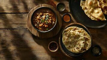 Delicious Indian Chicken Masala Naan Spices on Rustic Wood photo