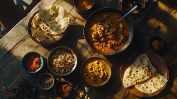Delicious Indian Masala Dishes Rustic Table Naan Bread Curry Spices Sunlight photo