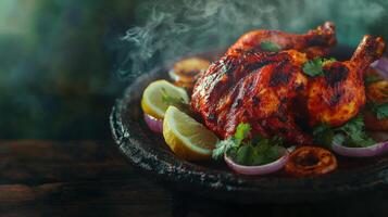 Sizzling Tandoori Chicken Indian Clay Oven Roast Spices Cilantro Lemons Onions photo