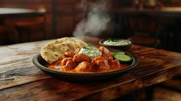 Delicious Butter Chicken with Naan and Raita on Rustic Wood photo